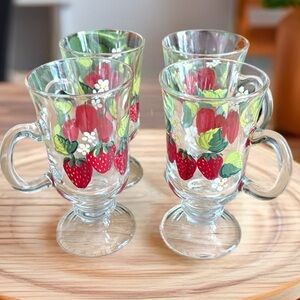Vintage Hand Painted Strawberry Clear Glass Pedestal Mug Set 8oz Whimsy Cottage